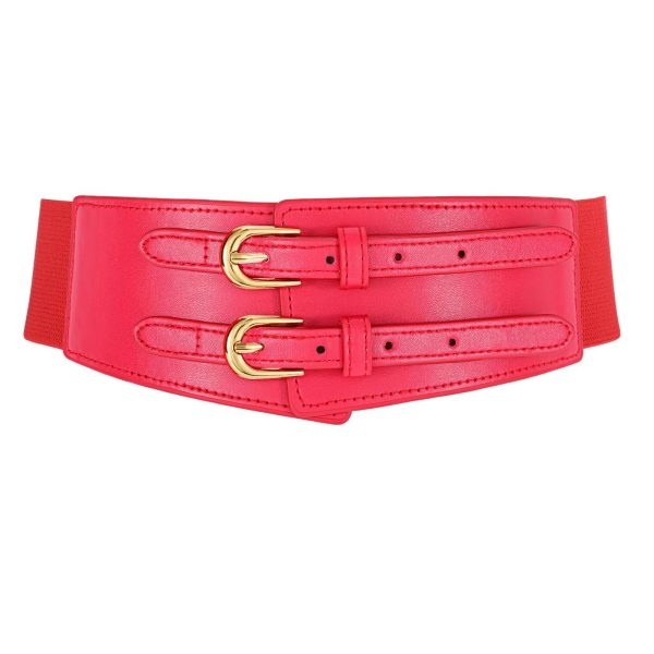 XZQTIVE Women's Wide Elastic Leather Belt for Dresses and Shirts, Stretchy Ladies Waist Belt with Double Gold Buckle XZQTIVE Women's Wide Elastic Leather Belt for Dresses and Shirts, Stretchy Ladies Waist Belt with Double Gold Buckle
