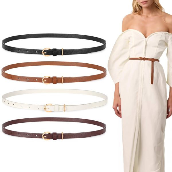 XZQTIVE 4 Pack Thin Belts for Women 0.5" Skinny Leather Waist Belts with Gold Buckle for Dresses Jeans Pants XZQTIVE 4 Pack Thin Belts for Women 0.5" Skinny Leather Waist Belts with Gold Buckle for Dresses Jeans Pants