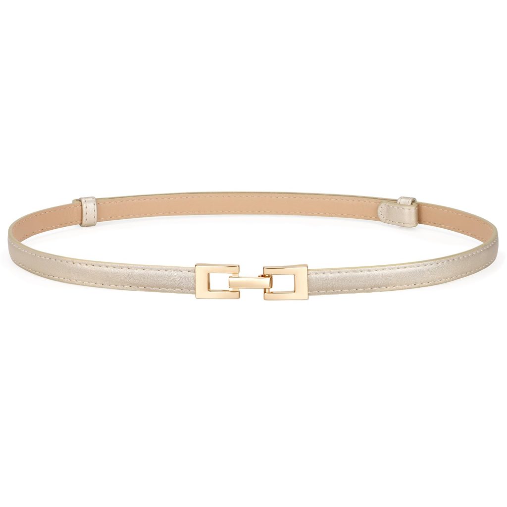 Gold thin leather belt with small interlocking gold buckle