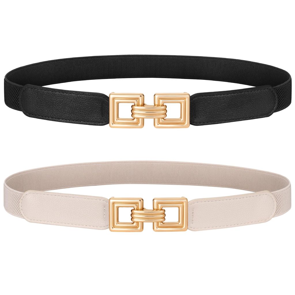 Black and beige two-pack stretch cinch belts with retro gold buckles