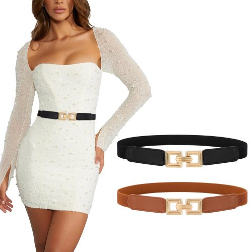 XZQTIVE 2 Pack Women Skinny Stretchy Cinch Belt for Dresses, Thin Elastic Belt Ladies Waist Belt with Retro Gold Buckle XZQTIVE 2 Pack Women Skinny Stretchy Cinch Belt for Dresses, Thin Elastic Belt Ladies Waist Belt with Retro Gold Buckle