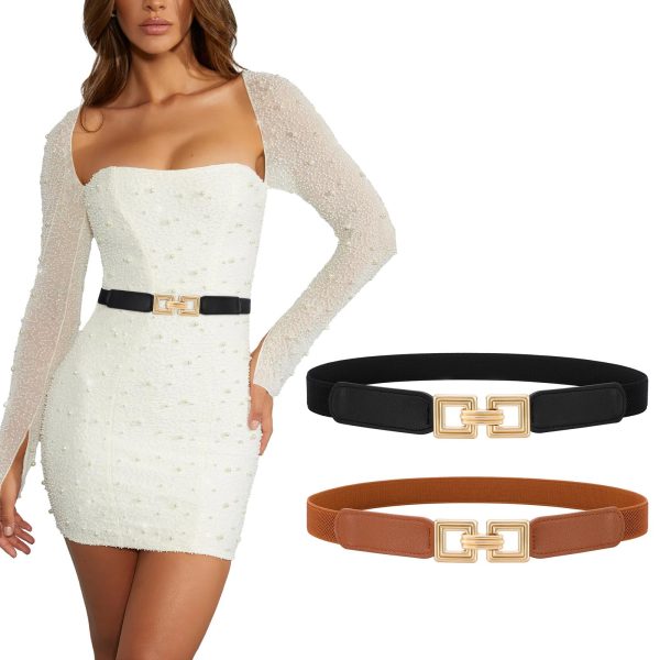 XZQTIVE 2 Pack Women Skinny Stretchy Cinch Belt for Dresses, Thin Elastic Belt Ladies Waist Belt with Retro Gold Buckle XZQTIVE 2 Pack Women Skinny Stretchy Cinch Belt for Dresses, Thin Elastic Belt Ladies Waist Belt with Retro Gold Buckle